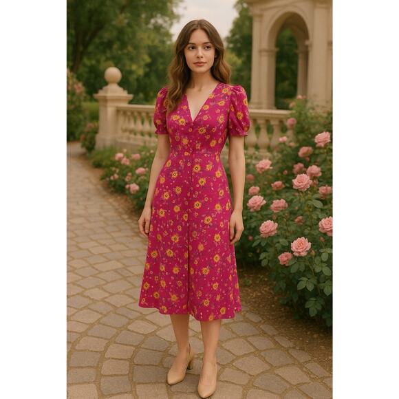 Saloni Lea Silk Pink Floral Button-Front Midi Dress Puff Sleeves US 0 Feminine - Picture 2 of 16